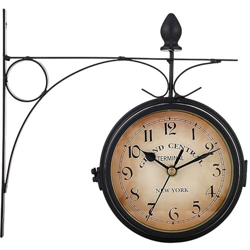 Retoo Horloge de gare double face - Résistante aux intempéries - Horloge murale rétro double face - Noir - Fer rétro - Horloge murale décorative avec...