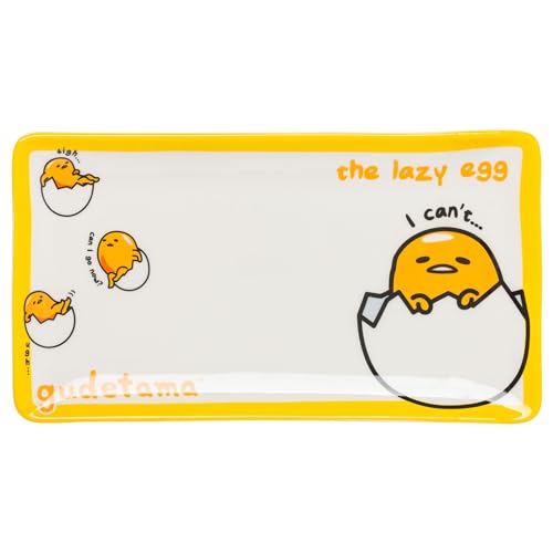 Image of Silver Buffalo Sanrio Hello Kitty and Friends Gudetama Lazy Egg Sigh Yellow Ceramic Sushi Set with Dipping Sauce Dish and Matching Chopsticks