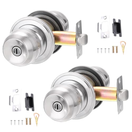 PATIKIL Privacy Keyless Door Knobs Interior 70mm/2.8inch, 2 Pack Round Stainless Steel Bedroom Bathroom Door Knob with Lock Entry Indoor Outdoor Door, Silver