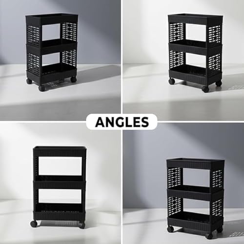 Image of 3-Tier Rolling Storage Cart with Wheels | Multipurpose Plastic Utility Organizer Trolley for Kitchen, Bathroom & Home | Black (1 Pcs, 3 Layer)