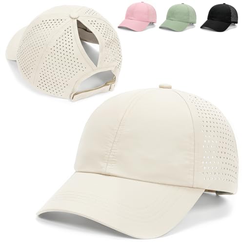 Kanzith Baseball Cap Damen Pferdeschwanz Basecap Ponytail Mesh Kappe Schirmmütze für Laufen Outdoor Sommermütze- Beige