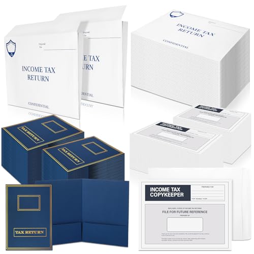 AmazingSpark Lot de 75 enveloppes de déclaration de revenus à 2 poches bleu foncé doré pour dossiers de retour d'impôt sur le revenu et étiquettes pour...