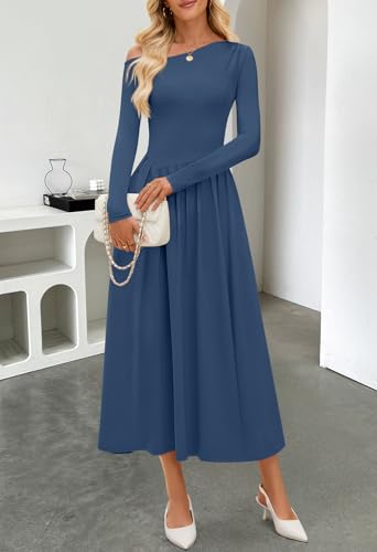 Image of MEROKEETY Women's Fall Long Sleeve Wedding Guest Dresses 2026 One Shoulder Elegant Formal Pleated Midi Maxi Dress