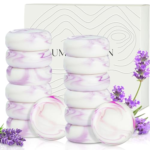 Umpeimvon 14 Pack Travel Size Lavender Soap Individually Wrapped Handmade 4-In-1 Mini Hotel Soap Bars with Shea Butter Olive Oil Creamy Lather Eco-Friendly 0.7 oz