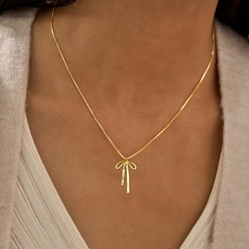 Gold Necklace for Women Trendy, Dainty Gold Bow Necklace 14K Gold Plated Necklace Cute Bow Pendant Necklace Simple CZ Bead Bow Chain Choker Necklaces for Women Gold Jewelry Christmas Gifts4