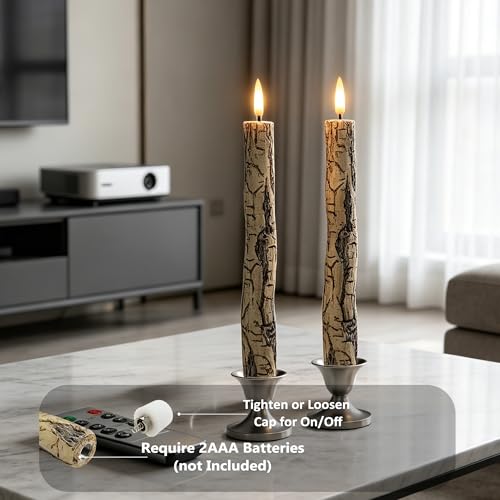 Image of LED 9.84 inch Flameless Taper Candles with Birch Bark Effect Battery Operated Real Wax Flickering Candlesticks with Remote Control and Timer Rustic Primitive Lights Decor Vintage Candles, 2 Pack