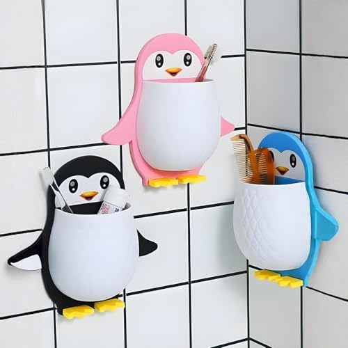 Image of Penguin Shaped Wall Mounted Holder, Self Adhesive Storage Organizer for Bathroom, Toothbrush and Brush Stand,Multipurpose Plastic Bathroom Accessory (Pack of 1)