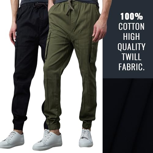 Men's Cotton Twill Cargo Joggers, Multi Pocket, Drawstring Joggers Stretch Pant for Casual, Lounging and Outdoor, 2 Pack4