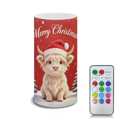 Image of Poceacles Flameless Light Candles Battery Operated Candles with Color Changing Timer Remote Control Tealights for Christmas Decorations, Cute Highland Cow Red