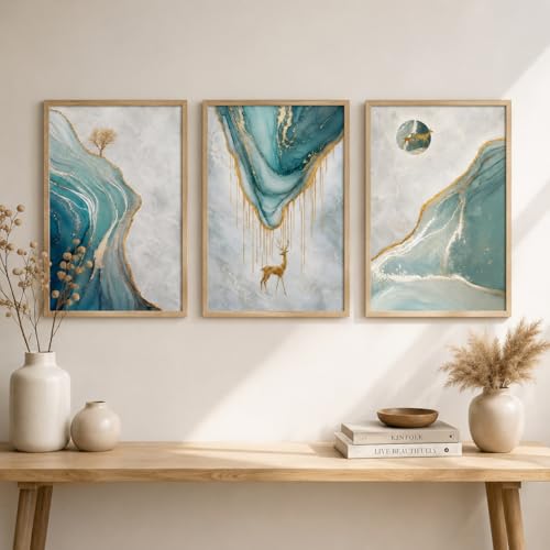 Image of Livin'luxe Set of 3 Blue Marble Deer Abstract Wall Paintings for Living Room Bedroom Home Decor with Premium Wooden Color Synthetic Frame (13.5 x 19.5 Inch) NM03-97
