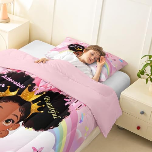 Image of Erosebridal Black Girls Twin Comforter Set Pink Rainbow Princess Bedding Set for Kids Nursery African American Quilt Set Black Princess Girl Duvet Insert Pretty Little Girls Inspirational Bed Set