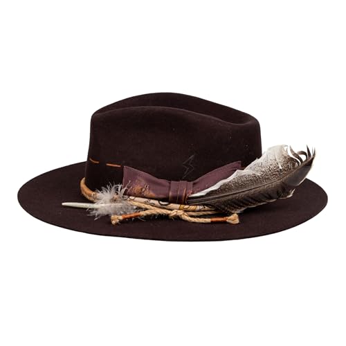 Image of RUEDIGER Vintage Wide Brim Fedora Hats 100% Wool Stiff Felt Hat Rancher Hat with Lightning Logo Handmade Distressed /Burned