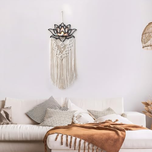 Artilady Macrame Wall Hanging Lotus Dream Catcher Boho Wall Decor Wood Floating Shelf for Bedroom Living Room Bathroom Lotus Wall Decor for Aroma Candle Photo Frames Plant - Image 3