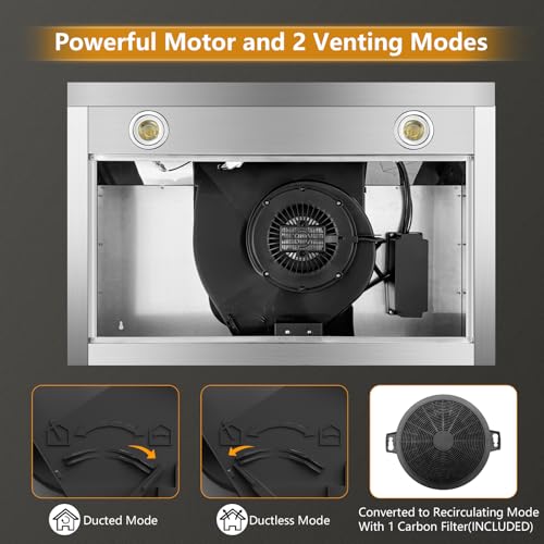 500 CFM Range Hood 30 Inch, Under Cabinet Range Hood for Duct/Ductless Convertible, Stainless Steel Kitchen Stove Vent Hood with 3 Speed Kitchen Exhaust Fan and Two Bright Energy-Saving LED Light