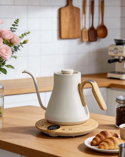 Image of Cocinare Gooseneck Electric Kettle, ±1F Precise Temperature Control, 1500W Fast Heating, Pour Over Coffee & Tea Kettle with Brew Timer & Keep Warm, Stainless Steel, 0.9L (White Maple)