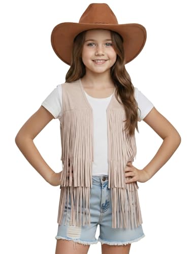 Image of Noomelfish Girls Faux Suede Fringe Vest Sleeveless Boho Tassels Jacket Cardigan (5-12 Years)