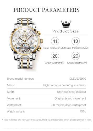 Image of OLEVS Men Automatic Watch Skeleton 5 Hands Mechanical Classic Luxury Multi Calendar Stainless Steel Waterproof Wrist Watch for Men