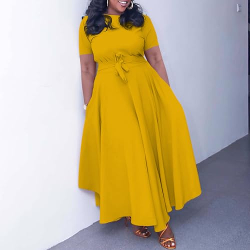 Image of BFFBABY Plus Size Dress A Line Dresses for Women Summer Long Dresses with Sleeve Casual Belted