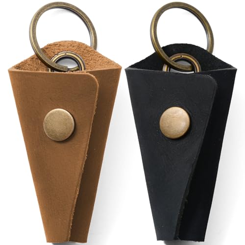 2-Pack Handmade Crazy Horse Leather Wrap Keychain with Snap Closure Key Ring Cover and Silencer Sleeve - Mens Key Organizer (Light Brown/Black)