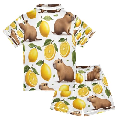 Satin Pajama Sets Short Sleeve Lemon Capybara Summer Button Down Silky Nightwear 2 Piece PJS 5-14Y2