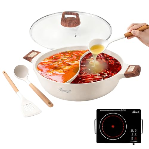 Image of Rosewill 4.2QT Double Flavor Non-Sticking Shabu Shabu Hot Pot with Divider, 13 inch Divided Stockpot for Cooking, Hot Pot for Induction Cooktop & Gas Stove, Electric Burner - Beige