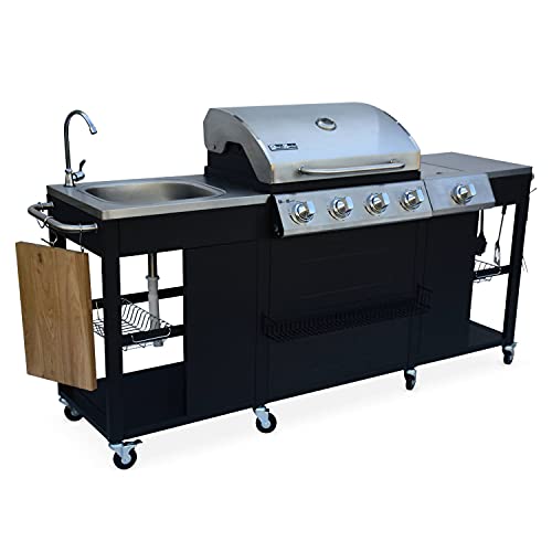 Alice'S Garden - Barbacoa De Gas, Cocina De Exterior, Negro, 5 Quemadores