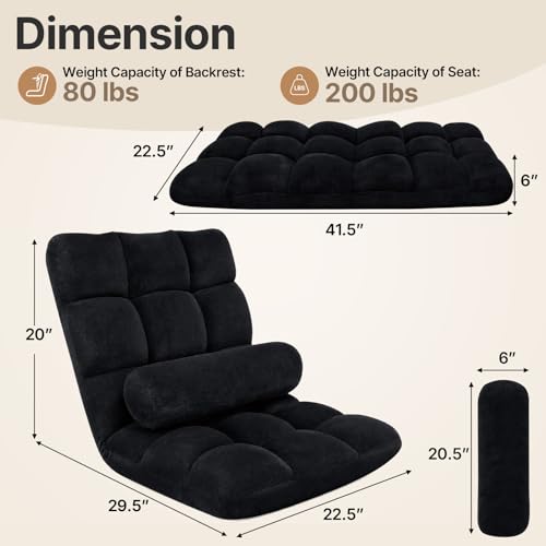 Image of HOPERAN Floor Chair with Back Support, 6-Poistion Adjustable Floor Gaming Chair for Adults, Padded Reclining Floor Chair, Folding Floor Chairs for Meditation, Sleeping, Reading, Gaming, Black