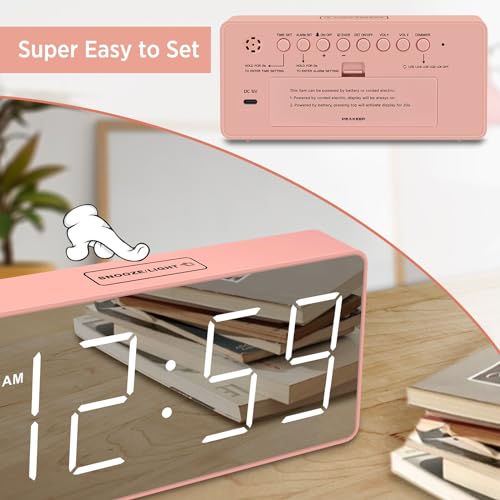 Image of Peakeep Digital Clock, Alarm Clock Battery Backup Powered for Bedrooms - Mirror Face Large Numbers 6 Dimmers for Seniors, Super Loud for Heavy Sleepers (Pink)