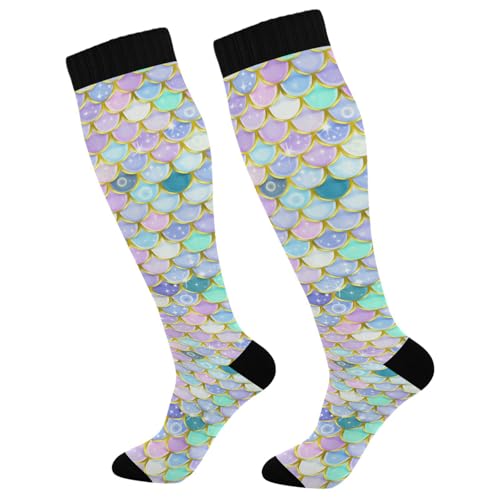 Wassud Colorful Mermaid Scales Compression Socks for Women and Men 20-30 mmHg Knee High Socks for Nurses Travel Socks 1 Pair