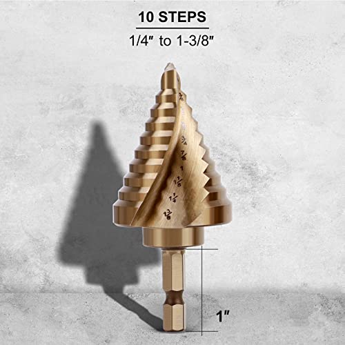 Comoware CNSTEPSPIRAL Hex Shank Cobalt Step Drill Bit With Two Spiral Flutes - 10 Step Sizes (1/4 Inch – 1-3/8") - Ideal For Metal, Stainless Steel thumb #3