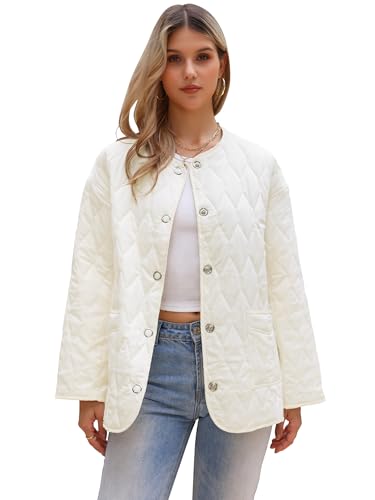 Allegra K Women's Lightweight White Puffer Jacket with Snap Buttons and Cozy Quilted Design