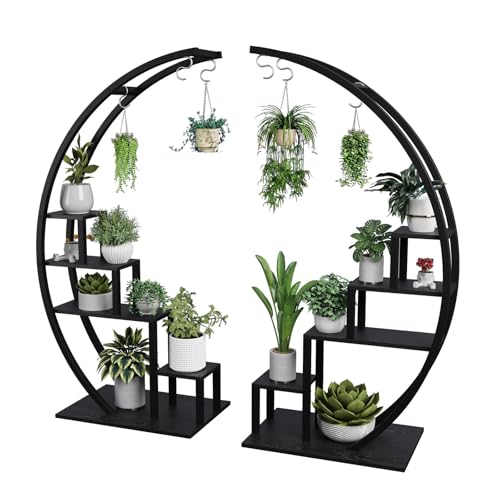 IDEALHOUSE 2 Pack 5 Tier Tall Indoor Plant Stand Metal Half Moon Tiered Flower Rack Space-Saving Design with 6 Hangers for Multiple Plants Display Decorative Shelf for Home & Outdoor Black