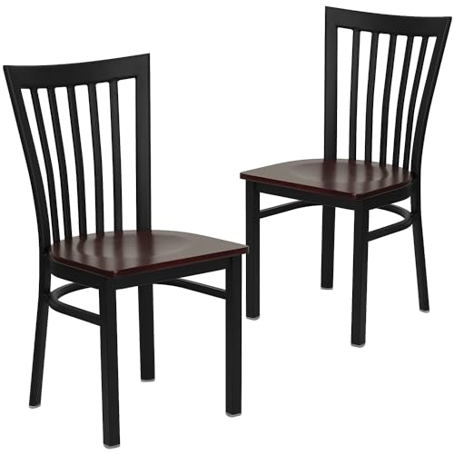 Image of Flash Furniture 2 Pk. HERCULES Series Black School House Back Metal Restaurant Chair - Mahogany Wood Seat