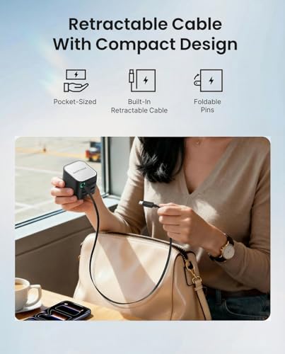 Image of RAVPower 65W GaN PD Fast Charger with Retractable Type-C Cable | 3-Port Wall Adapter (2 USB-C + 1 USB-A) | Foldable Pin Travel Charger for iPhone, Samsung, iPad, MacBook,Type C Laptop