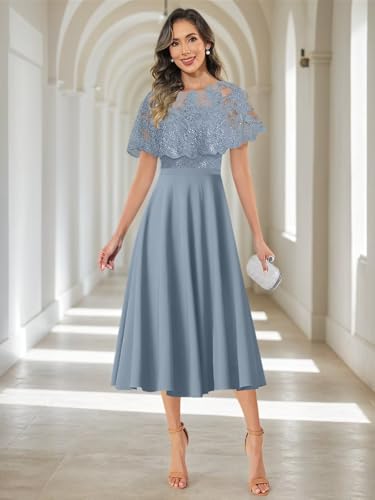 BANTRATIC Tea Length Mother of The Bride Dresses for Wedding with Cape Lace Appliques Chiffon Formal Guest Evening Party Gown2