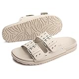 FUNKYMONKEY Women's Eyelets Adjustable Double Strap Slides Slip On Comfort Flat Sandals for Summer(9 M US, Beige)