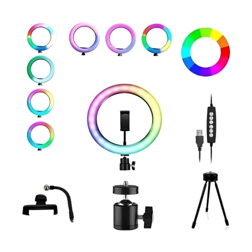 Kit Ring Light LED Anel RGB 8P 20cm com Suporte para Celular, Tripé e Ball Head, Ajustavel, Controle de Cores, Luz gravaçao, Mesa, Influencer, Tik, Selfie, Gravaçao Video, Foto, Top