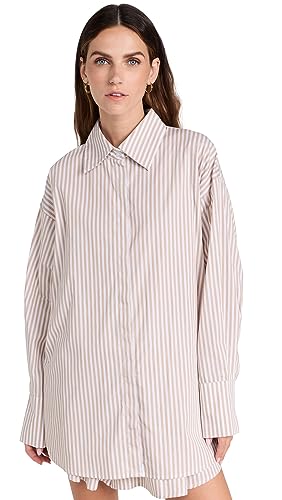 Lioness Women's Boyfriend Shirt, Sage, Tan, Stripe, M