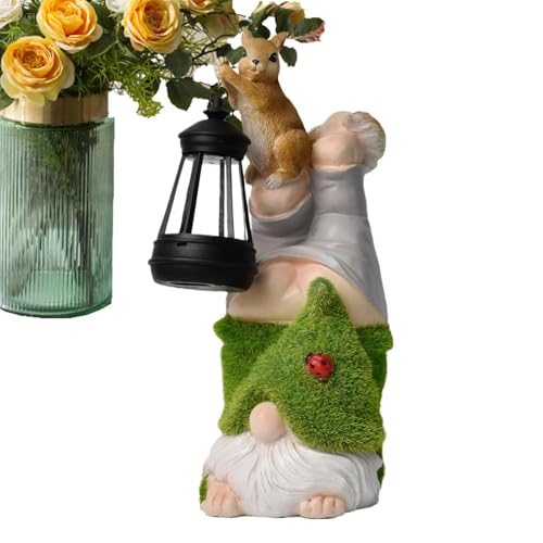 Nain de Jardin avec Lanterne et Écureuil Résine Ornement Patio Porche
