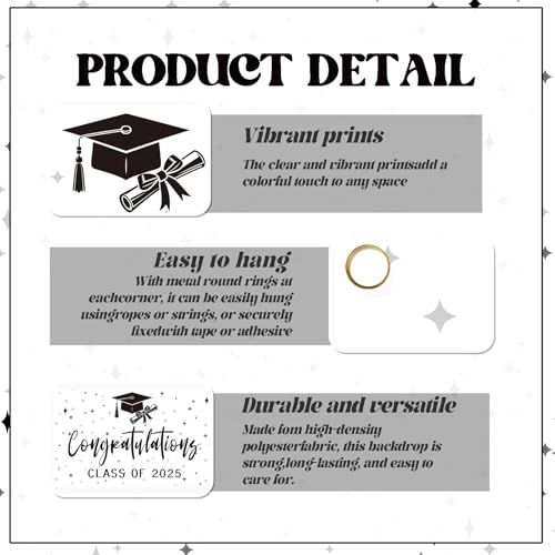 Image of Congratulations Class of 2025 Backdrop, Black & White 2025 Grad Photo Backdrop, High School College Graduation Classroom Banner, Congrats Grad 2025 Graduation Party Decorations, 5.9 * 3.6Ft