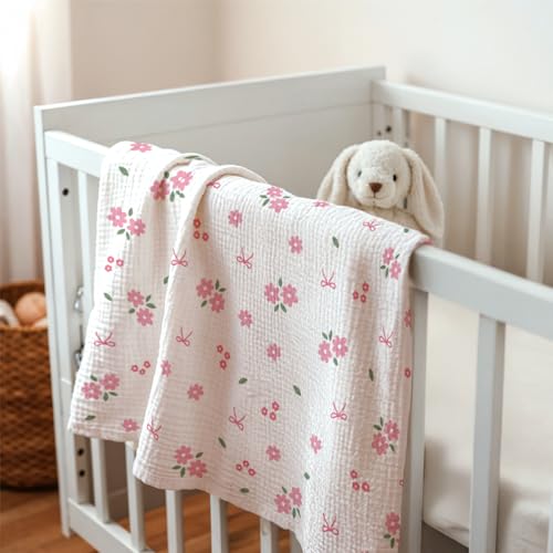 Image of SANDJEST Pink Floral Minky Muslin & Dotted Blanket 30x40 in Gift for Holiday, Gender Reveal Party, Hospital Visit, Baptism