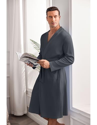 Ekouaer Mens Waffle Robe Lightweight Spa Bathrobe Knit Kimono Shower Robes V Neck Long Sleeve Sleepwear with Pockets4