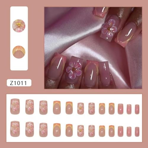 Image of Floral Press on Nails French Tip Fake Nails with Pink Ombre Design 5D Stripe False Nails Medium Square Glue on Nails Spring Nail Acrylic Full Cover Glossy Stick on Nails for Women Manicure 24Pcs