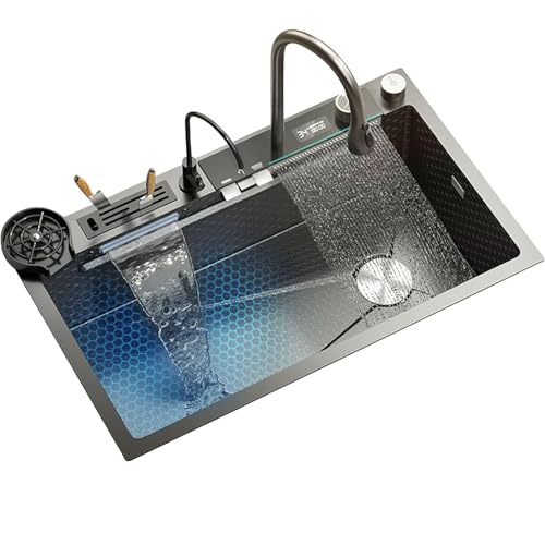 Fregadero de Cocina Negro con Cascada, Acero Inoxidable, Tazón Individual con Lavavasos