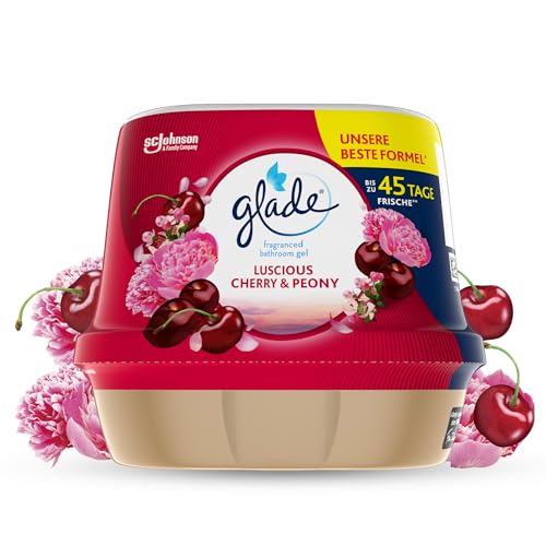 Glade Ambientador Gel de Baño Absorbeolores Luscious Cherry & Peony, Dura Hasta 45 Días, con Aceites Esenciales, 1 Gel