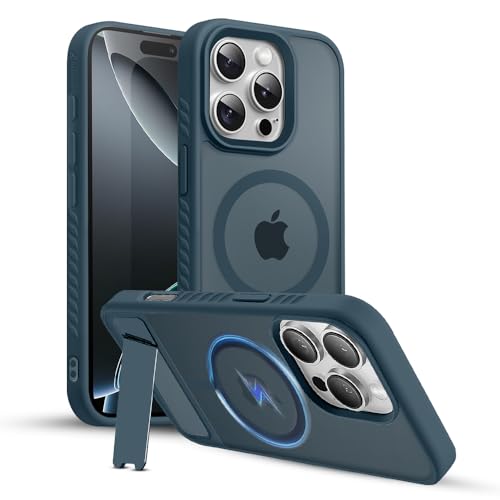 Image of KARWAN️Ultra Hybrid Matte Back Cover Case Compatible with Stand Magnetic for iPhone 16 Pro Max | Mag-Safe Wireless Charging | Camera Bump Protection -(Blue)