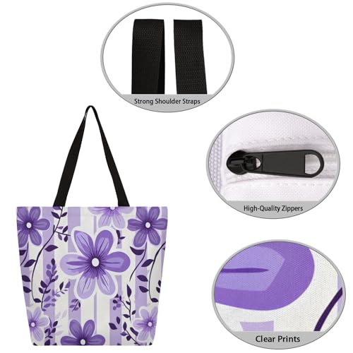 Striped Floral Purple Large Capacity Canvas Tote Bag Stylish Handheld Shoulder Bag Reusable Shopping Bag for Work Travel Beach Trips Shopping3