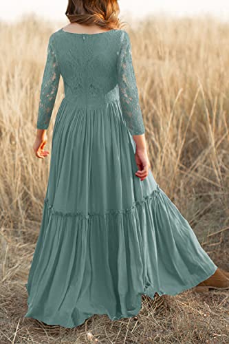 Image of MITILLY Girls Lace Flower Wedding Guest Long Maxi Dress for 6-12 Years | Girls Boho Dress, Girls' Special Occasion Dresses, Wedding Party, Size 6-12 Years, Ruffle Sleeve, A Line, With Pockets