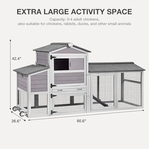 MEDEHOO 80in Chicken Coop with Wheels - Expandable Large Waterproof Chicken House for Outdoor with Nesting Box, Leakproof Pull-on Tray, and UV-Resistant Roof
