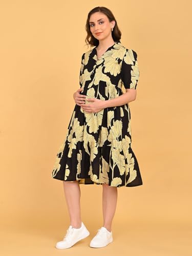 Image of The Mom Store Maternity and Nursing Dress | Pre and Post Pregnancy Dress for Womens | Zipper /Button Opening | Causal Wear | Trendy Stylish Causal Dresses for New Moms